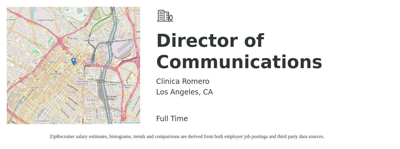 Clinica Romero job posting for a Director of Communications in Los Angeles, CA with a salary of $90,000 to $115,000 Yearly with a map of Los Angeles location.