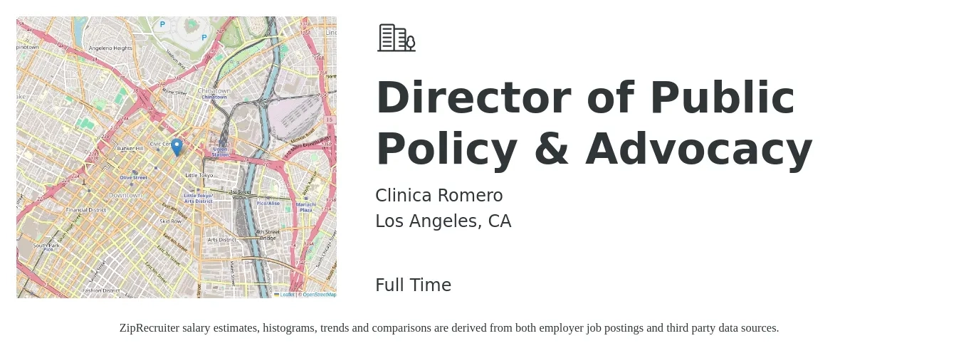 Clinica Romero job posting for a Director of Public Policy & Advocacy in Los Angeles, CA with a salary of $90,000 to $120,000 Yearly with a map of Los Angeles location.