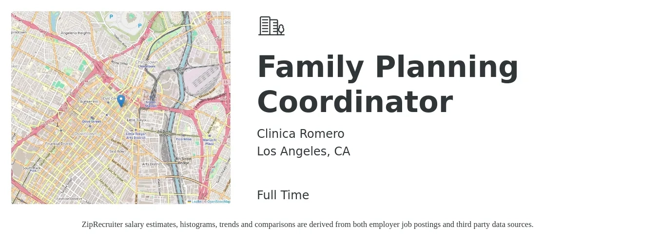 Clinica Romero job posting for a Family Planning Coordinator in Los Angeles, CA with a salary of $21 Hourly with a map of Los Angeles location.