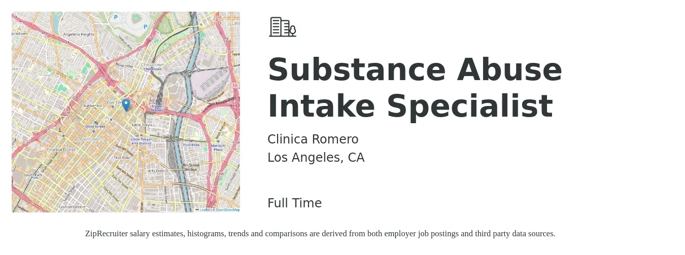 Clinica Romero job posting for a Substance Abuse Intake Specialist in Los Angeles, CA with a salary of $24 Hourly with a map of Los Angeles location.