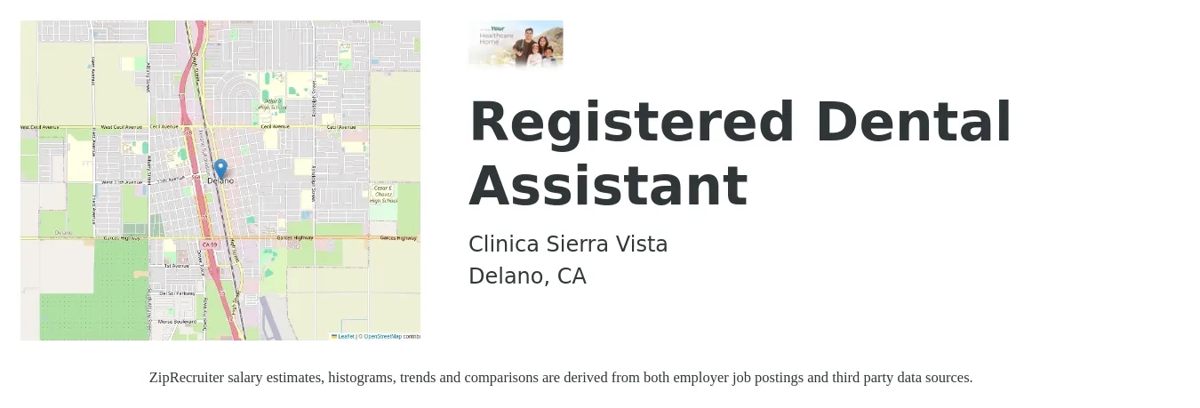 Clinica Sierra Vista job posting for a Registered Dental Assistant in Delano, CA with a salary of $22 to $31 Hourly with a map of Delano location.