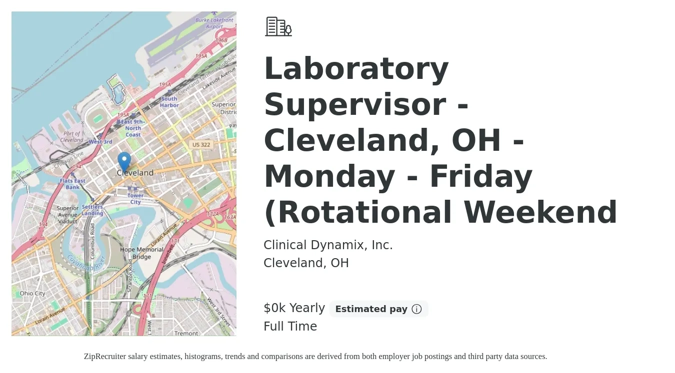 Clinical Dynamix, Inc. job posting for a Laboratory Supervisor - Cleveland, OH - Monday - Friday (Rotational Weekend in Cleveland, OH with a salary of $1 to $2 Yearly with a map of Cleveland location.