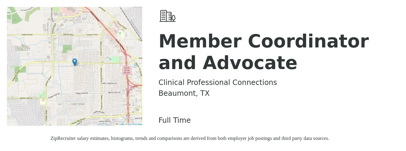 Clinical Professional Connections job posting for a Member Coordinator and Advocate in Beaumont, TX with a salary of $16 to $23 Hourly with a map of Beaumont location.