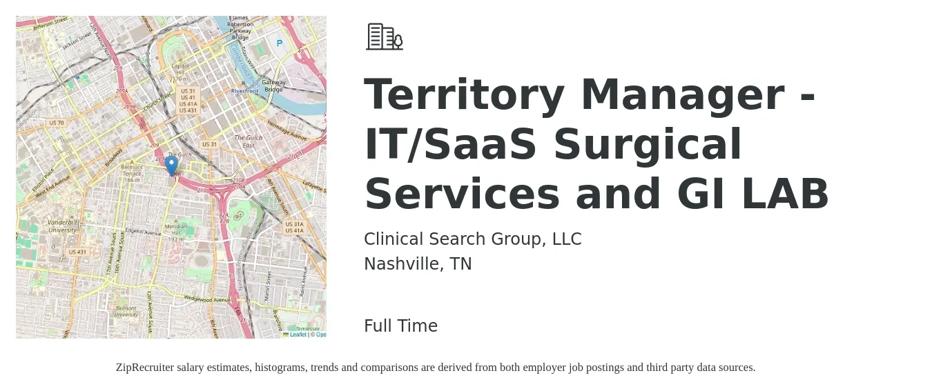 Clinical Search Group, LLC job posting for a Territory Manager - IT/SaaS Surgical Services and GI LAB in Nashville, TN with a map of Nashville location.