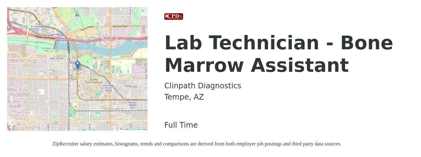 Clinpath Diagnostics job posting for a Lab Technician - Bone Marrow Assistant in Tempe, AZ with a salary of $35,400 to $36,400 Yearly with a map of Tempe location.