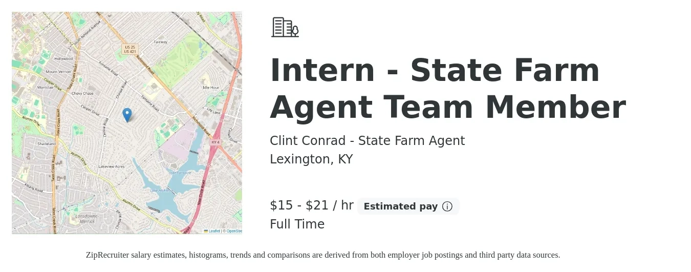 Clint Conrad - State Farm Agent job posting for a Intern - State Farm Agent Team Member in Lexington, KY with a salary of $16 to $22 Hourly with a map of Lexington location.