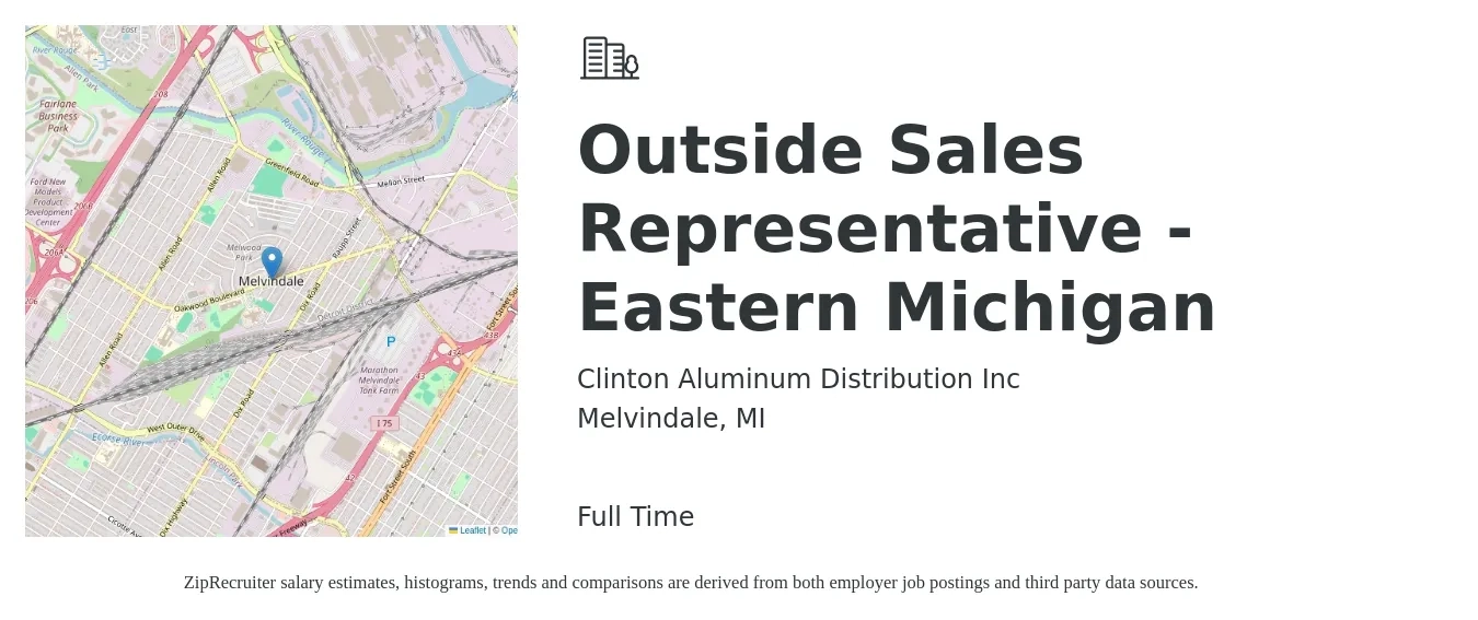Clinton Aluminum Distribution Inc job posting for a Outside Sales Representative - Eastern Michigan in Melvindale, MI with a salary of $48,700 to $83,500 Yearly with a map of Melvindale location.