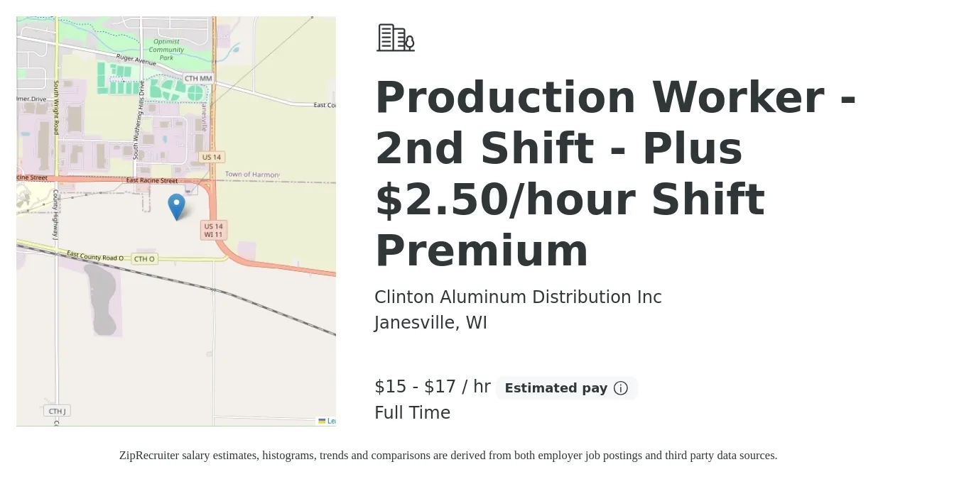 Clinton Aluminum Distribution Inc job posting for a Production Worker - 2nd Shift - Plus $2.50/hour Shift Premium in Janesville, WI with a salary of $16 to $18 Hourly with a map of Janesville location.