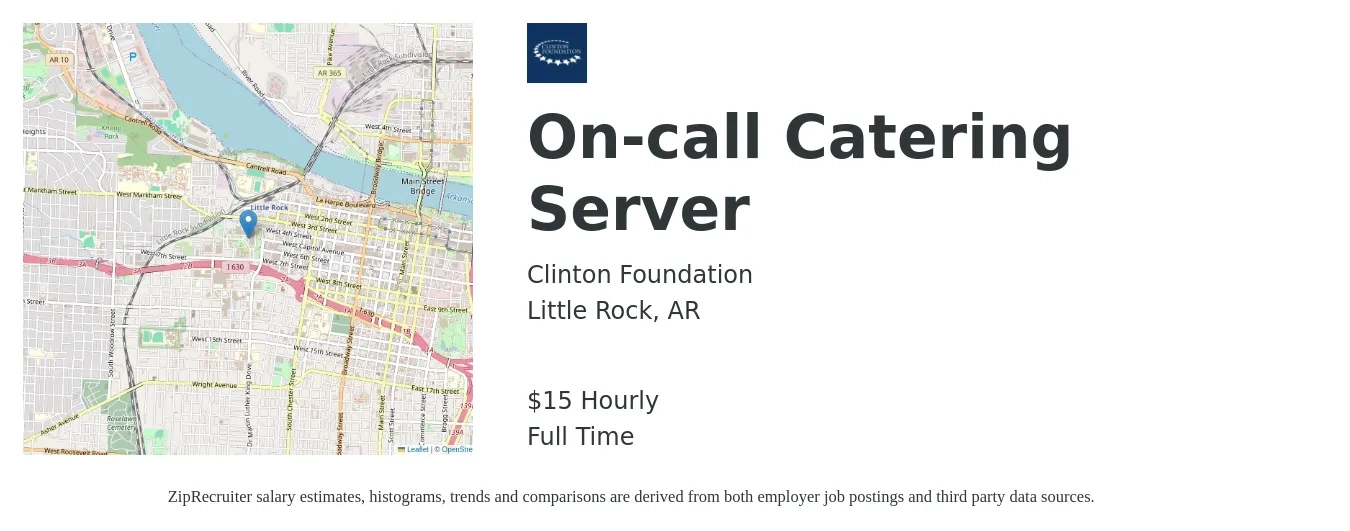 Clinton Foundation job posting for a On-call Catering Server in Little Rock, AR with a salary of $16 Hourly with a map of Little Rock location.