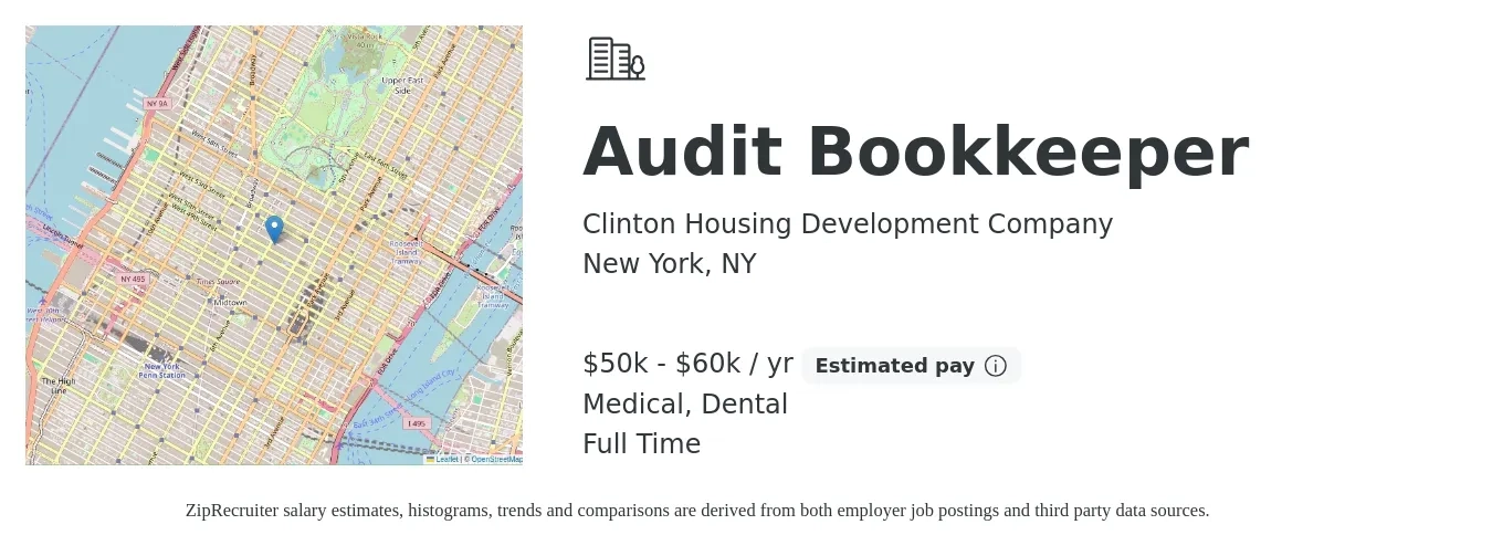 Clinton Housing Development Company job posting for a Audit Bookkeeper in New York, NY with a salary of $50,000 to $60,000 Yearly and benefits including dental, medical, pto, and retirement with a map of New York location.