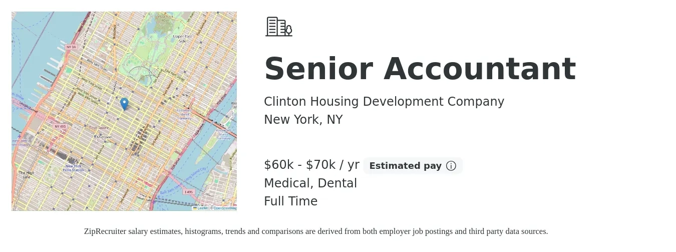 Clinton Housing Development Company job posting for a Senior Accountant in New York, NY with a salary of $60,000 to $70,000 Yearly and benefits including dental, medical, and retirement with a map of New York location.