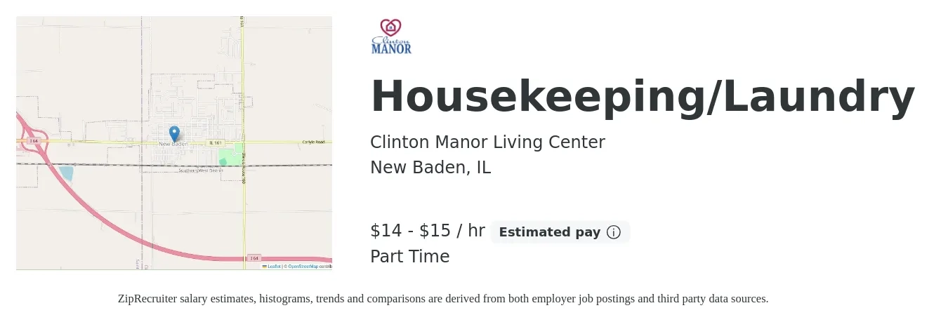 Clinton Manor Living Center job posting for a Housekeeping/Laundry in New Baden, IL with a salary of $16 to $16 Hourly with a map of New Baden location.