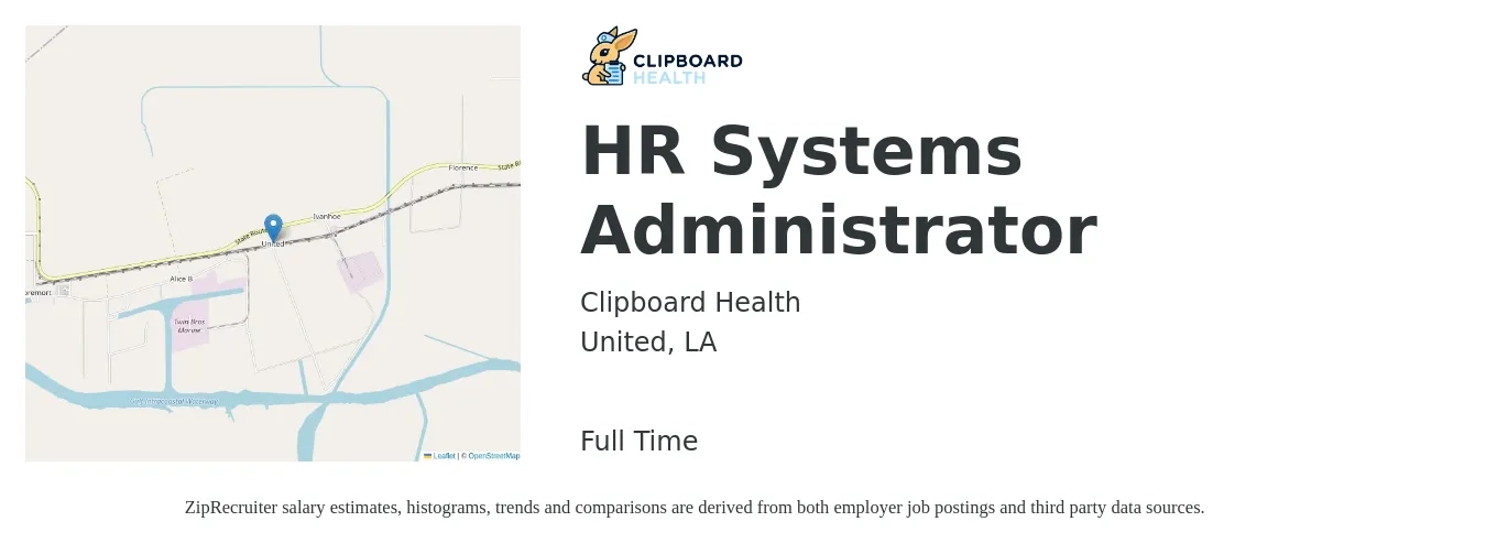 Clipboard Health job posting for a HR Systems Administrator in United, LA with a salary of $56,000 to $83,200 Yearly with a map of United location.