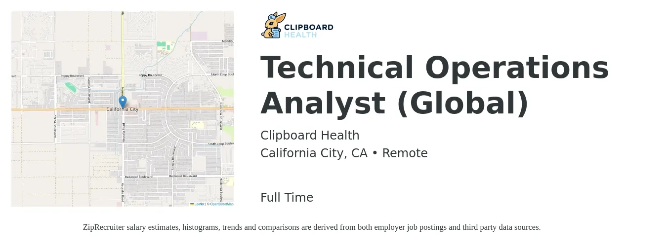 Clipboard Health job posting for a Technical Operations Analyst (Global) in California City, CA with a salary of $82,800 to $123,300 Yearly with a map of California City location.