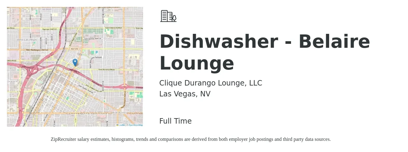 Clique Durango Lounge, LLC job posting for a Dishwasher - Belaire Lounge in Las Vegas, NV with a salary of $12 to $16 Hourly with a map of Las Vegas location.