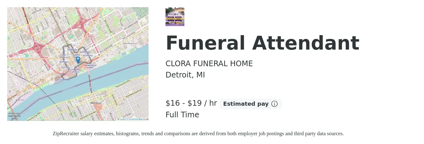 CLORA FUNERAL HOME job posting for a Funeral Attendant in Detroit, MI with a salary of $17 to $20 Hourly and benefits including life_insurance, and pto with a map of Detroit location.