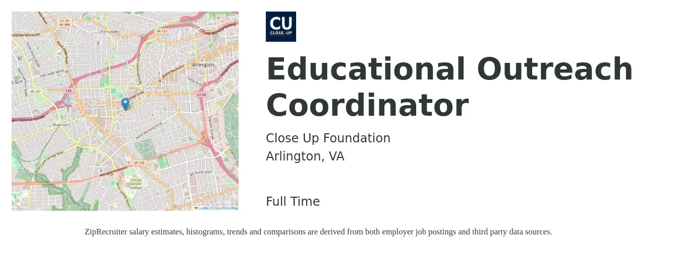 Close Up Foundation job posting for a Educational Outreach Coordinator in Arlington, VA with a salary of $45,000 to $48,000 Yearly with a map of Arlington location.