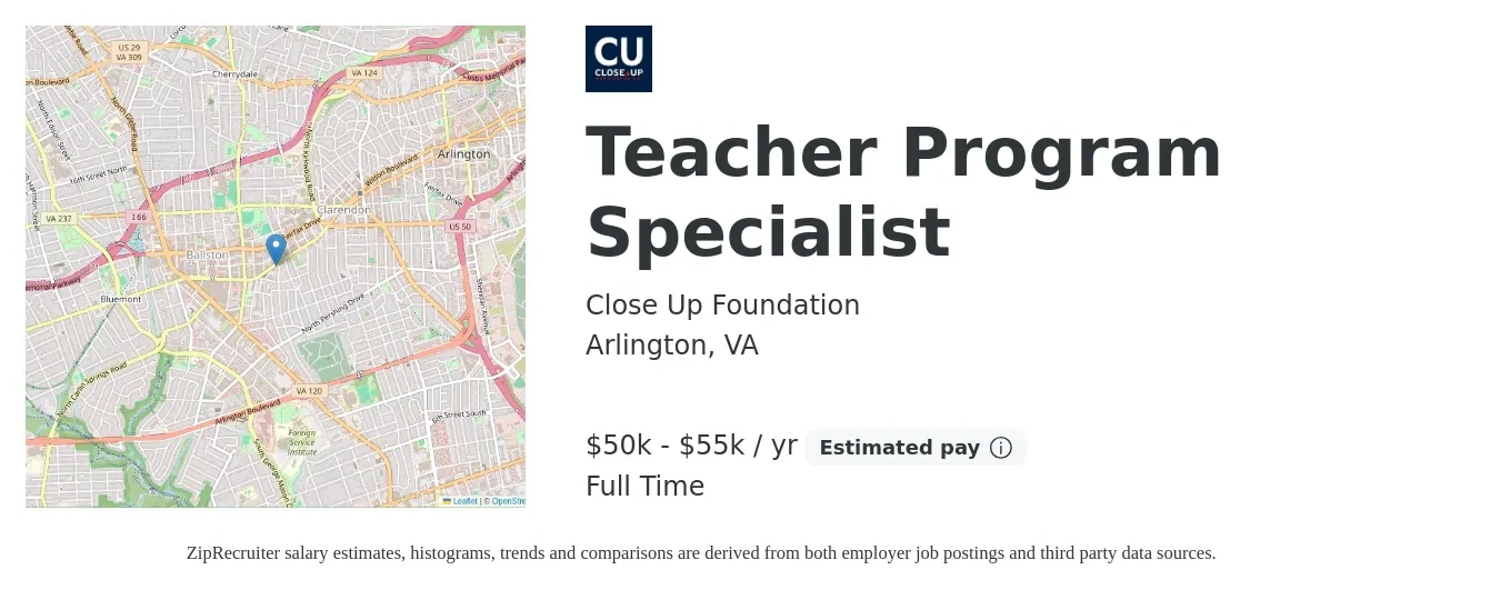 Close Up Foundation job posting for a Teacher Program Specialist in Arlington, VA with a salary of $50,000 to $55,000 Yearly with a map of Arlington location.