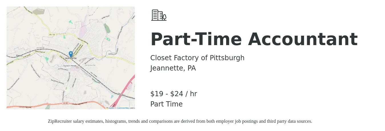 Closet Factory of Pittsburgh job posting for a Part-Time Accountant in Jeannette, PA with a salary of $20 Hourly with a map of Jeannette location.