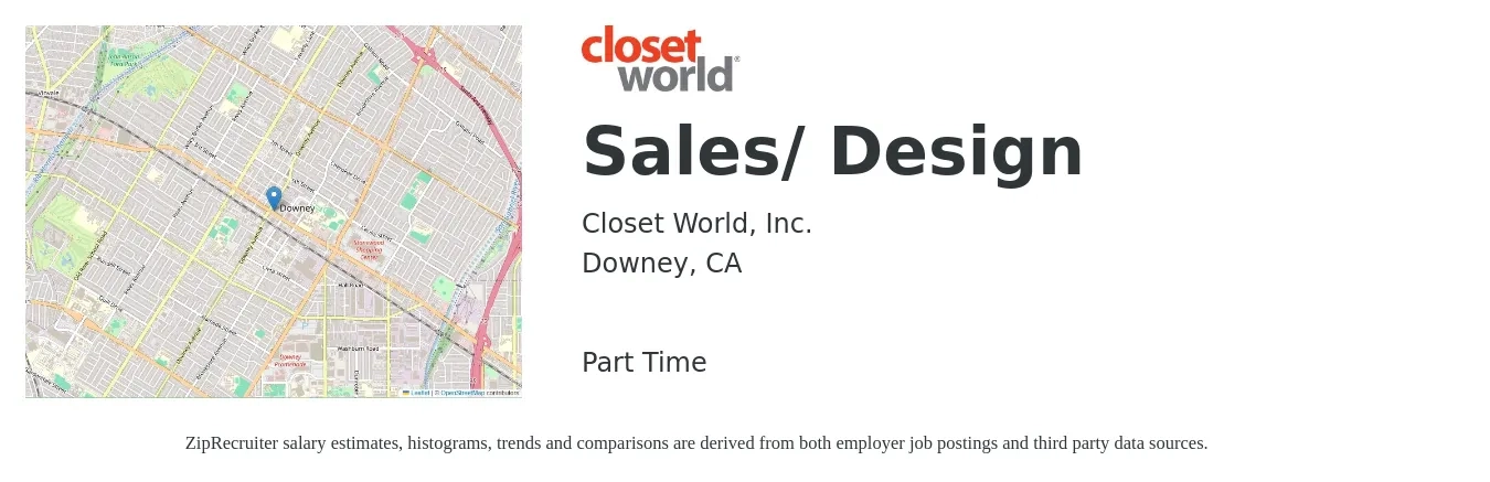 Closet World, Inc. job posting for a Sales/ Design in Downey, CA with a salary of $3,000 to $5,000 Monthly with a map of Downey location.