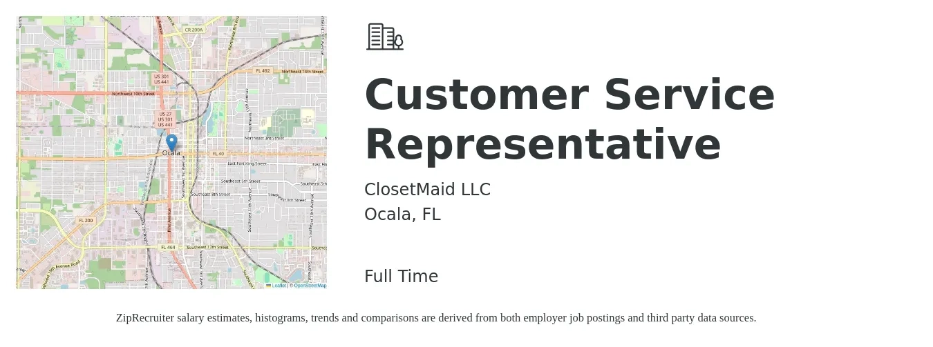 ClosetMaid LLC job posting for a Customer Service Representative in Ocala, FL with a salary of $15 to $20 Hourly with a map of Ocala location.