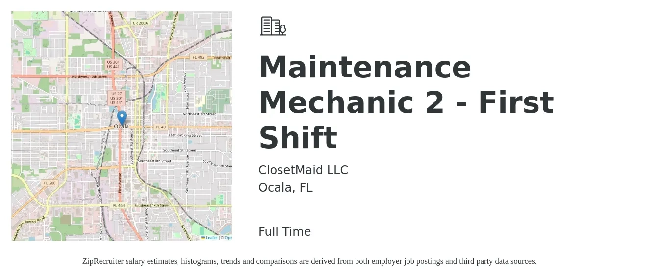 ClosetMaid LLC job posting for a Maintenance Mechanic 2 - First Shift in Ocala, FL with a salary of $23 to $32 Hourly with a map of Ocala location.