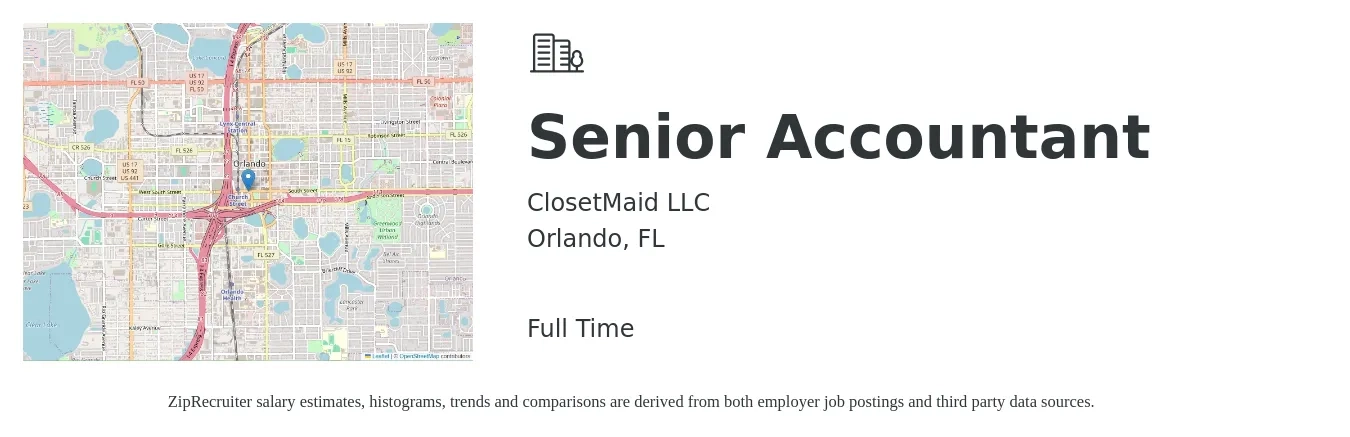 ClosetMaid LLC job posting for a Senior Accountant in Orlando, FL with a salary of $64,900 to $81,600 Yearly with a map of Orlando location.