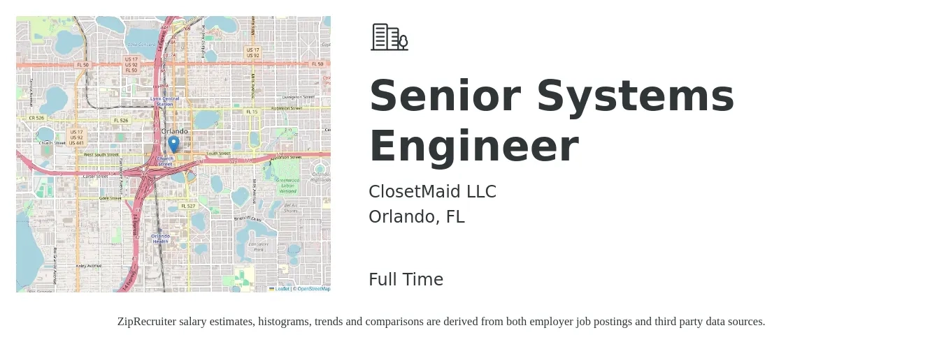 ClosetMaid LLC job posting for a Senior Systems Engineer in Orlando, FL with a salary of $91,700 to $125,400 Yearly with a map of Orlando location.