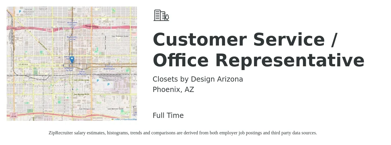 Closets by Design Arizona job posting for a Customer Service / Office Representative in Phoenix, AZ with a salary of $16 to $22 Hourly with a map of Phoenix location.