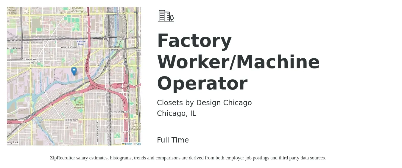 Closets by Design Chicago job posting for a Factory Worker/Machine Operator in Chicago, IL with a salary of $16 to $19 Hourly with a map of Chicago location.