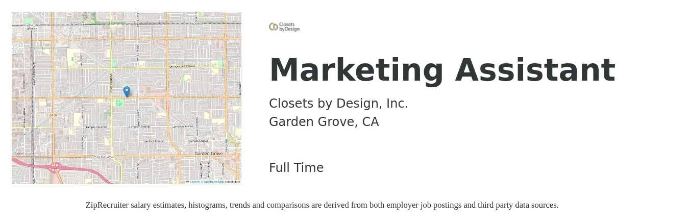 Closets by Design, Inc. job posting for a Marketing Assistant in Garden Grove, CA with a salary of $40,500 to $51,100 Yearly with a map of Garden Grove location.