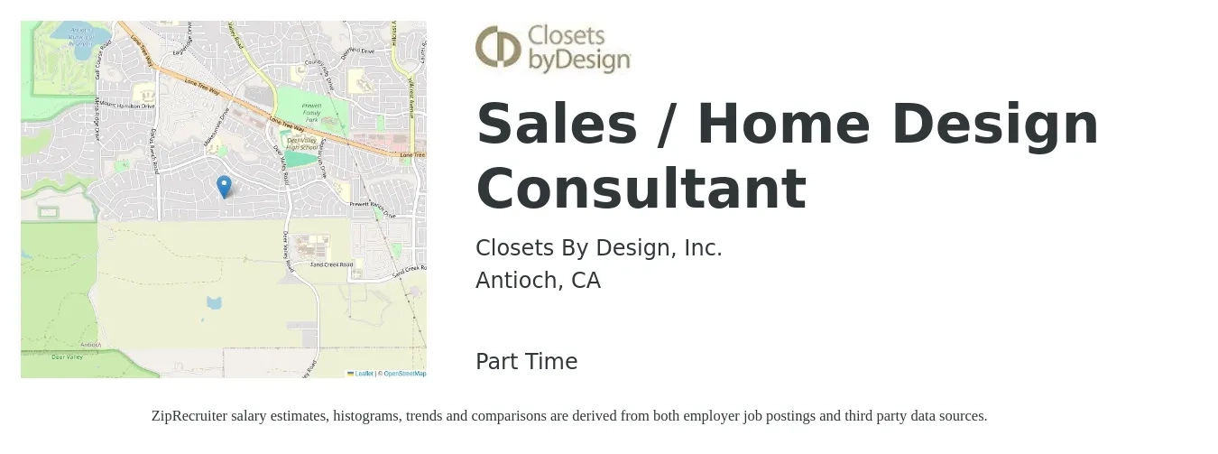 Closets By Design, Inc. job posting for a Sales / Home Design Consultant in Antioch, CA with a salary of $3,500 to $5,500 Monthly with a map of Antioch location.