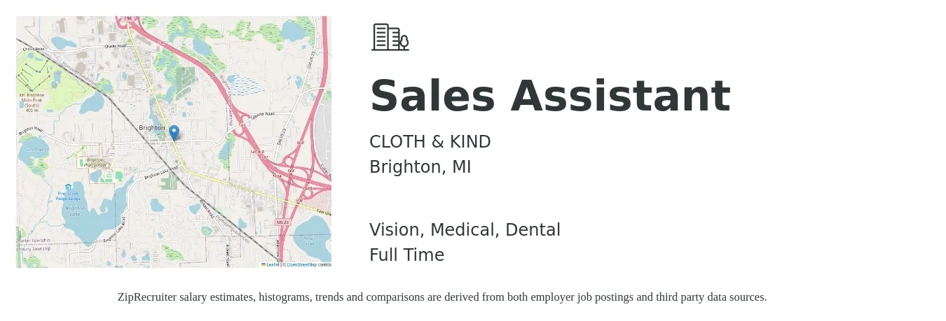 CLOTH & KIND job posting for a Sales Assistant in Brighton, MI with a salary of $18 to $24 Hourly and benefits including medical, vision, and dental with a map of Brighton location.