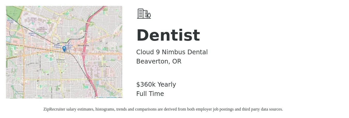 Cloud 9 Nimbus Dental job posting for a Dentist in Beaverton, OR with a salary of $360,000 Yearly with a map of Beaverton location.