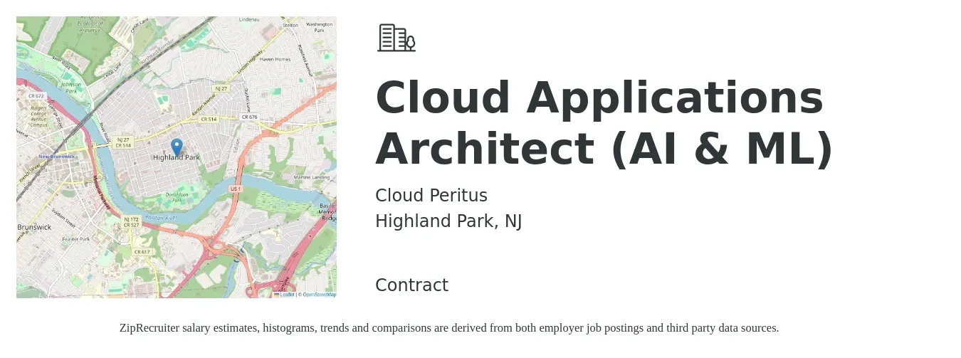 Cloud Peritus job posting for a Cloud Applications Architect (AI & ML) in Highland Park, NJ with a map of Highland Park location.