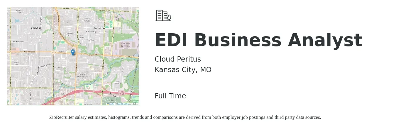 Cloud Peritus job posting for a EDI Business Analyst in Kansas City, MO with a salary of $24 to $45 Hourly with a map of Kansas City location.