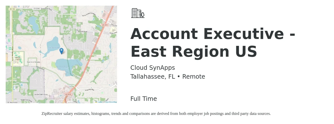 Cloud SynApps job posting for a Account Executive - East Region US in Tallahassee, FL with a salary of $51,300 to $90,200 Yearly with a map of Tallahassee location.