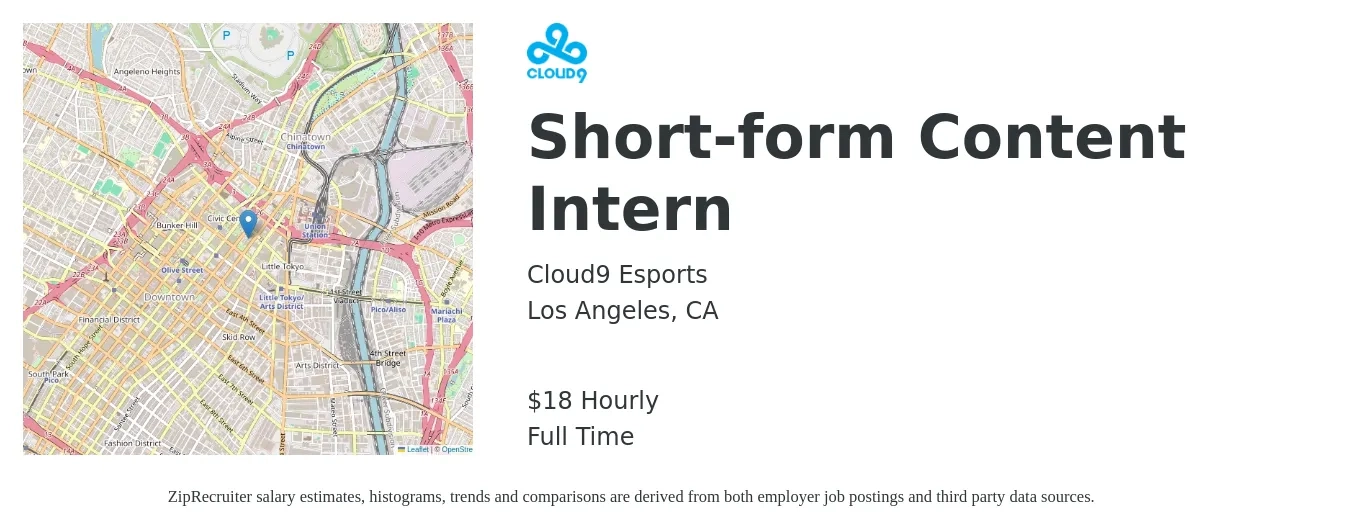 Cloud9 Esports job posting for a Short-form Content Intern in Los Angeles, CA with a salary of $19 Hourly with a map of Los Angeles location.