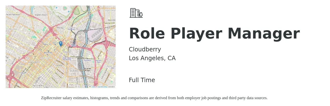 Cloudberry job posting for a Role Player Manager in Los Angeles, CA with a salary of $48,500 to $74,300 Yearly with a map of Los Angeles location.