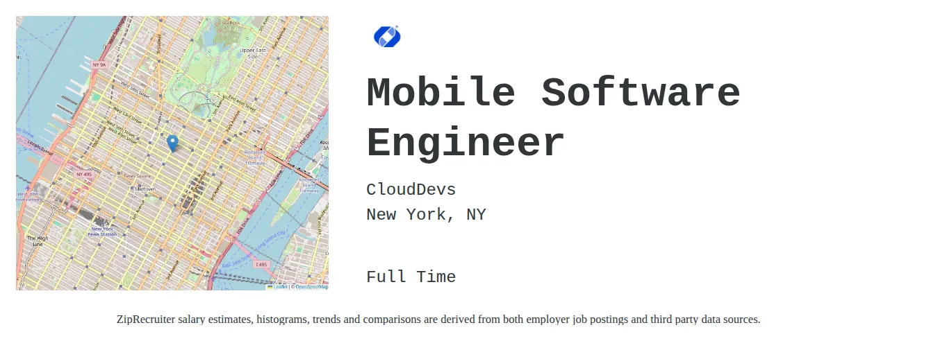 CloudDevs job posting for a Mobile Software Engineer in Manhattan, NY with a salary of $52 to $90 Hourly with a map of Manhattan location.