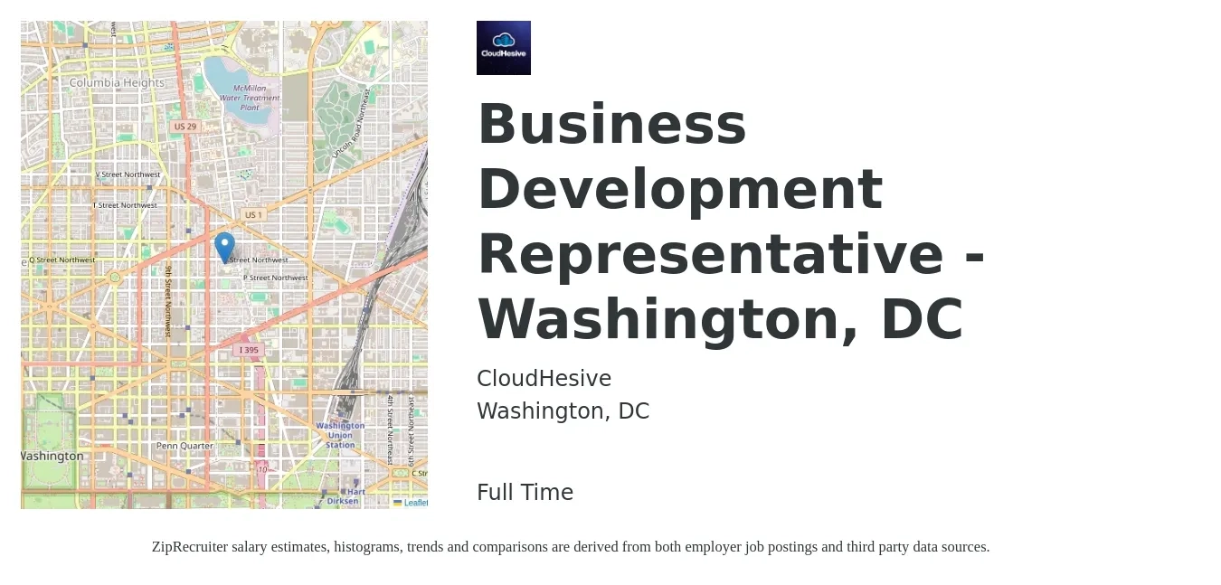 CloudHesive job posting for a Business Development Representative - Washington, DC in Washington, DC with a salary of $51,000 to $79,300 Yearly with a map of Washington location.