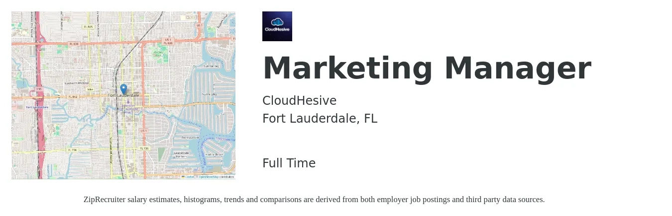 CloudHesive job posting for a Marketing Manager in Fort Lauderdale, FL with a salary of $57,200 to $93,400 Yearly with a map of Fort Lauderdale location.