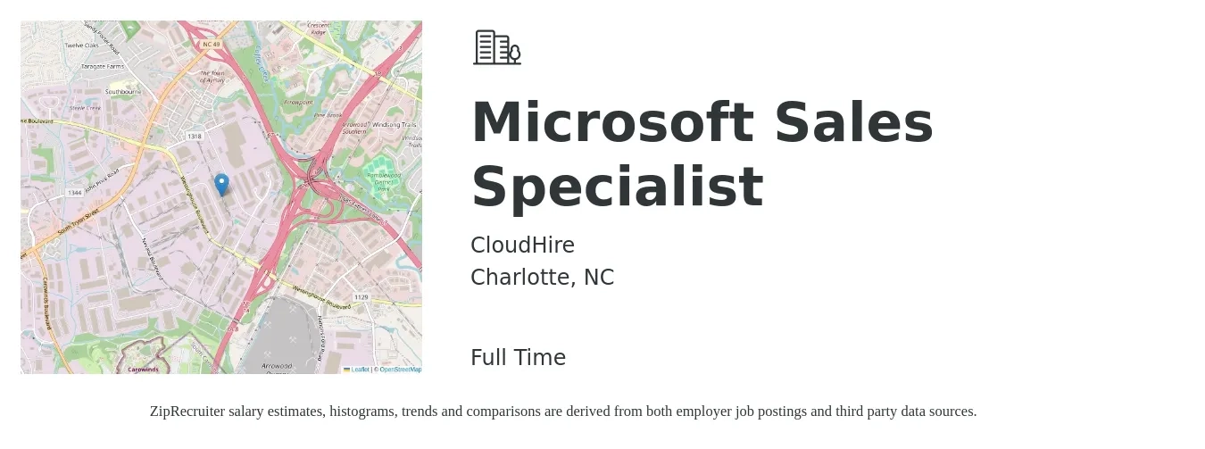 CloudHire job posting for a Microsoft Sales Specialist in Charlotte, NC with a salary of $44,900 to $74,700 Yearly with a map of Charlotte location.