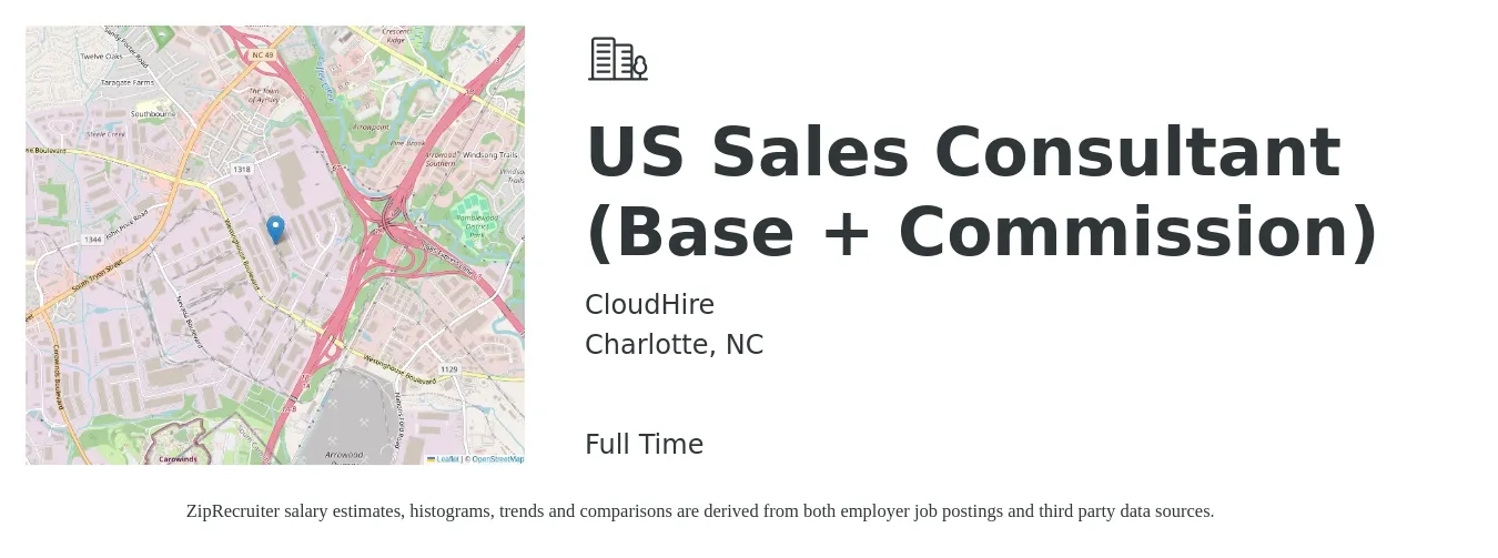 CloudHire job posting for a US Sales Consultant (Base + Commission) in Charlotte, NC with a salary of $39,600 to $77,600 Yearly with a map of Charlotte location.