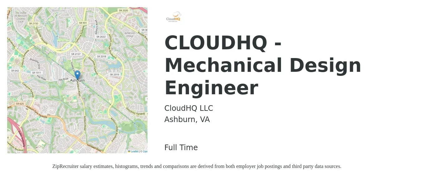 CloudHQ LLC job posting for a CLOUDHQ - Mechanical Design Engineer in Ashburn, VA with a salary of $77,700 to $105,300 Yearly with a map of Ashburn location.