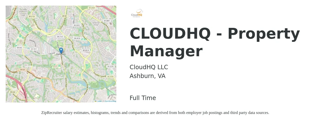 CloudHQ LLC job posting for a CLOUDHQ - Property Manager in Ashburn, VA with a salary of $45,000 to $69,500 Yearly with a map of Ashburn location.