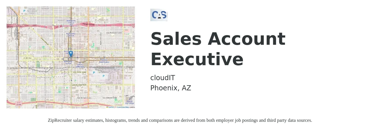 cloudIT job posting for a Sales Account Executive in Phoenix, AZ with a salary of $50,100 to $78,700 Yearly with a map of Phoenix location.