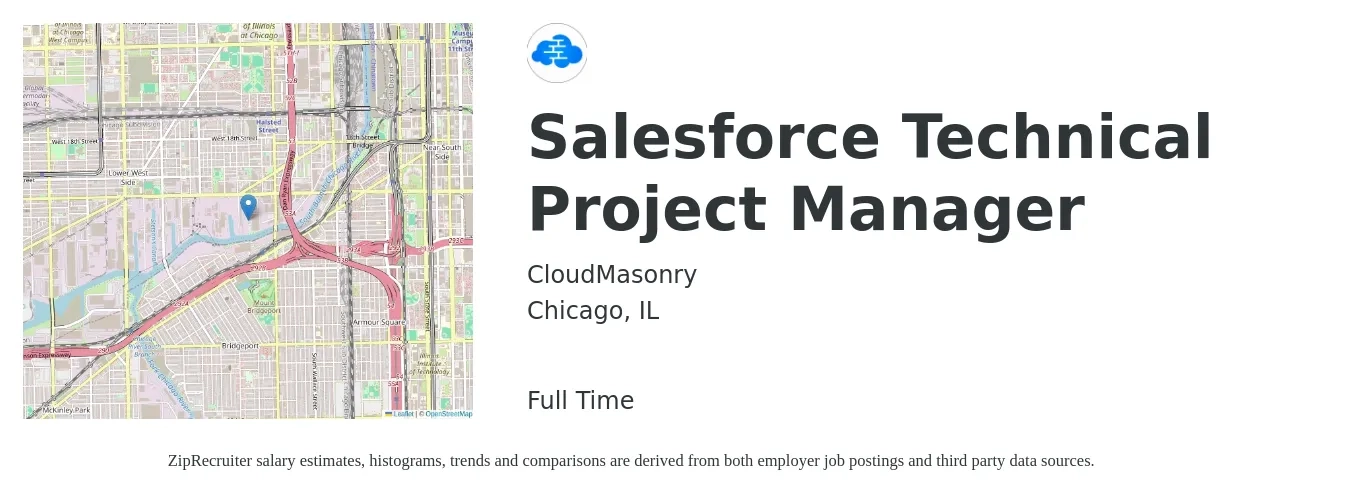 CloudMasonry job posting for a Salesforce Technical Project Manager in Chicago, IL with a salary of $98,900 to $138,600 Yearly with a map of Chicago location.