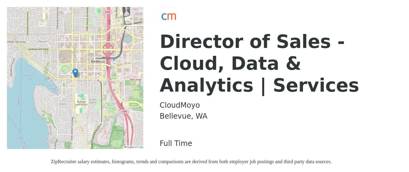 CloudMoyo job posting for a Director of Sales - Cloud, Data & Analytics | Services in Bellevue, WA with a map of Bellevue location.