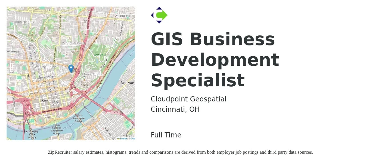 Cloudpoint Geospatial job posting for a GIS Business Development Specialist in Cincinnati, OH with a salary of $45,100 to $75,300 Yearly with a map of Cincinnati location.
